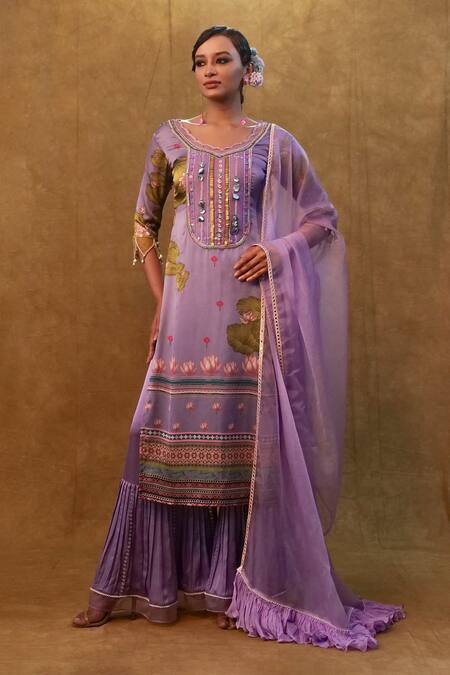 Merge Design Purple Silk, Organza, Modal Sequins, Stones, Embellished Kurta Sharara Set Online at Aza Fashions Merge Design_Purple Silk, Organza, Modal Sequins, Stones, Embellished Kurta Sharara Set _Online_at_Aza_Fashions