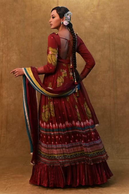 Shop_Merge Design_Maroon Chiffon, Modal, Organza, Lotus Print Embellished Anarkali Skirt Set _at_Aza_Fashions