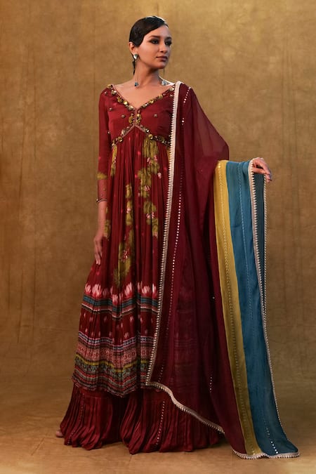 Merge Design_Maroon Chiffon, Modal, Organza, Lotus Print Embellished Anarkali Skirt Set _Online_at_Aza_Fashions