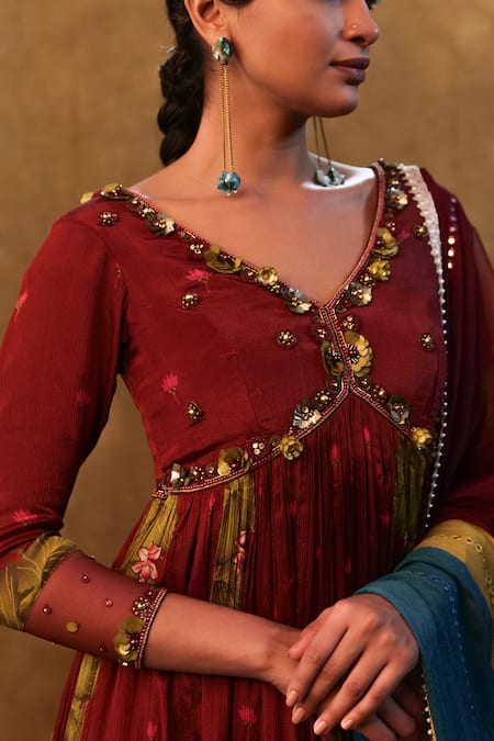 Buy_Merge Design_Maroon Chiffon, Modal, Organza, Lotus Print Embellished Anarkali Skirt Set _Online_at_Aza_Fashions