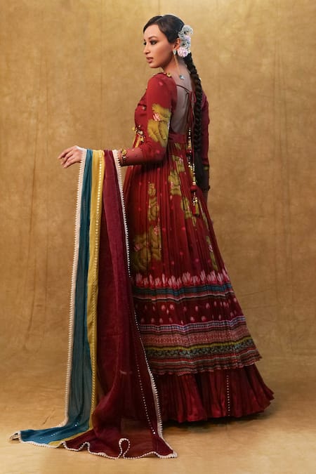 Shop_Merge Design_Maroon Chiffon, Modal, Organza, Lotus Print Embellished Anarkali Skirt Set _Online_at_Aza_Fashions