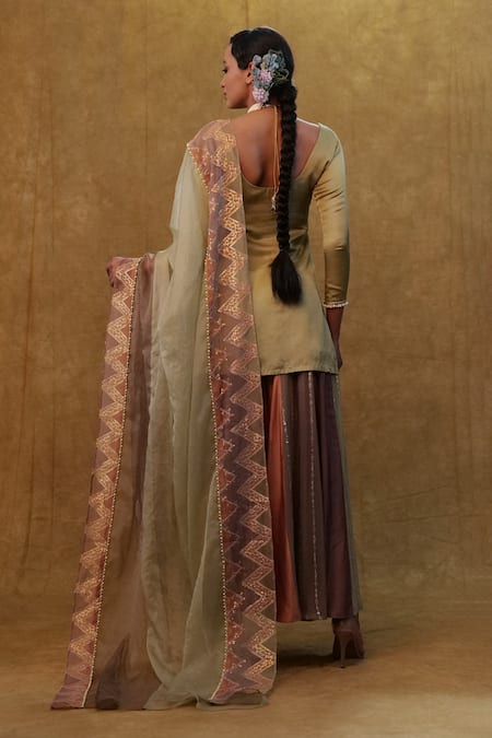 Shop_Merge Design_Green Silk, Organza, Modal, Georgette Embroidery, Lotus Print Kurta Sharara Set _at_Aza_Fashions