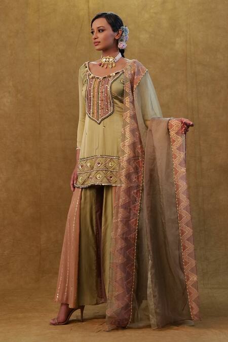 Merge Design_Green Silk, Organza, Modal, Georgette Embroidery, Lotus Print Kurta Sharara Set _Online_at_Aza_Fashions