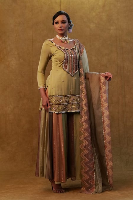 Buy_Merge Design_Green Silk, Organza, Modal, Georgette Embroidery, Lotus Print Kurta Sharara Set _Online_at_Aza_Fashions