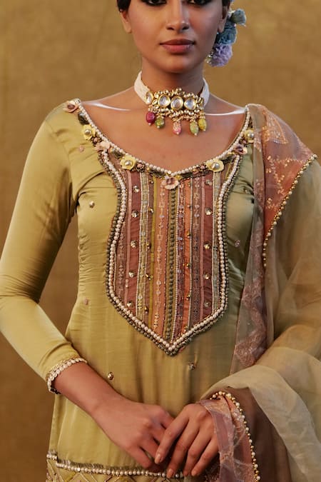 Shop_Merge Design_Green Silk, Organza, Modal, Georgette Embroidery, Lotus Print Kurta Sharara Set _Online_at_Aza_Fashions