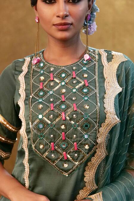 Merge Design Green Silk, Organza Sequins, Stones Round Neck Mirror And Work Kurta Sharara Set Online at Aza Fashions Merge Design_Green Silk, Organza Sequins, Stones Round Neck Mirror And Work Kurta Sharara Set _Online_at_Aza_Fashions