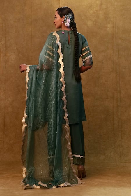 Shop Merge Design Green Silk, Organza Sequins, Stones Round Neck Mirror And Work Kurta Sharara Set at Aza Fashions Shop_Merge Design_Green Silk, Organza Sequins, Stones Round Neck Mirror And Work Kurta Sharara Set _at_Aza_Fashions