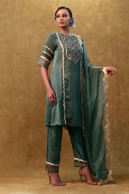 Buy Merge Design Green Silk, Organza Sequins, Stones Round Neck Mirror And Work Kurta Sharara Set Online at Aza Fashions Buy_Merge Design_Green Silk, Organza Sequins, Stones Round Neck Mirror And Work Kurta Sharara Set _Online_at_Aza_Fashions
