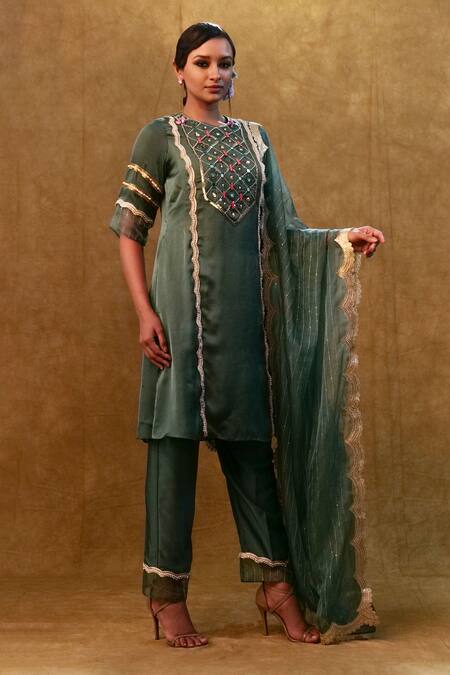 Shop Merge Design Green Silk, Organza Sequins, Stones Round Neck Mirror And Work Kurta Sharara Set Online at Aza Fashions Shop_Merge Design_Green Silk, Organza Sequins, Stones Round Neck Mirror And Work Kurta Sharara Set _Online_at_Aza_Fashions