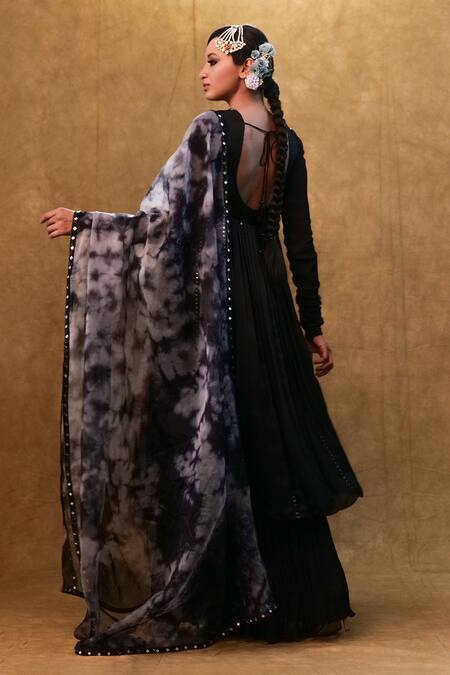 Merge Design Black Chiffon, Modal, Organza Mirrors, Embroidery, Shell And Anarkali Pant Set Online at Aza Fashions Merge Design_Black Chiffon, Modal, Organza Mirrors, Embroidery, Shell And Anarkali Pant Set _Online_at_Aza_Fashions