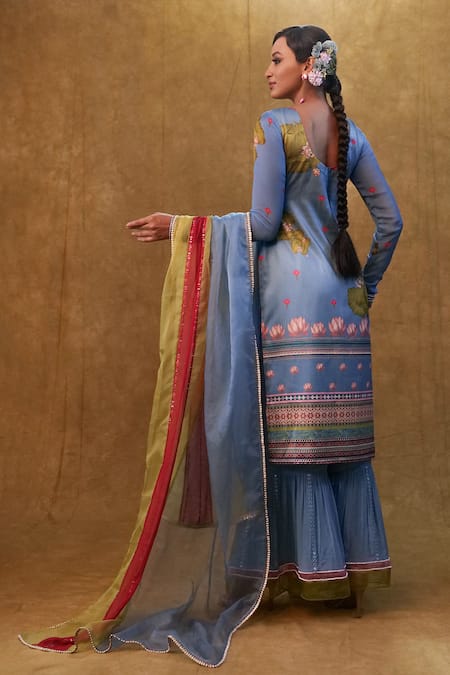 Shop Merge Design Blue Silk, Chiffon, Organza, Modal, Satin Sequins, Lotus Print Kurta Sharara Set at Aza Fashions Shop_Merge Design_Blue Silk, Chiffon, Organza, Modal, Satin Sequins, Lotus Print Kurta Sharara Set _at_Aza_Fashions