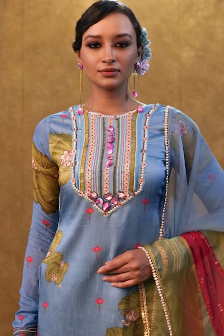 Merge Design Blue Silk, Chiffon, Organza, Modal, Satin Sequins, Lotus Print Kurta Sharara Set Online at Aza Fashions Merge Design_Blue Silk, Chiffon, Organza, Modal, Satin Sequins, Lotus Print Kurta Sharara Set _Online_at_Aza_Fashions