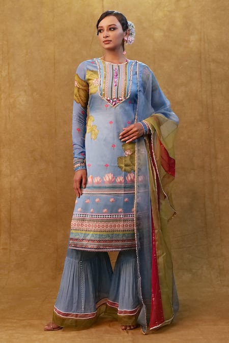 Buy Merge Design Blue Silk, Chiffon, Organza, Modal, Satin Sequins, Lotus Print Kurta Sharara Set Online at Aza Fashions Buy_Merge Design_Blue Silk, Chiffon, Organza, Modal, Satin Sequins, Lotus Print Kurta Sharara Set _Online_at_Aza_Fashions