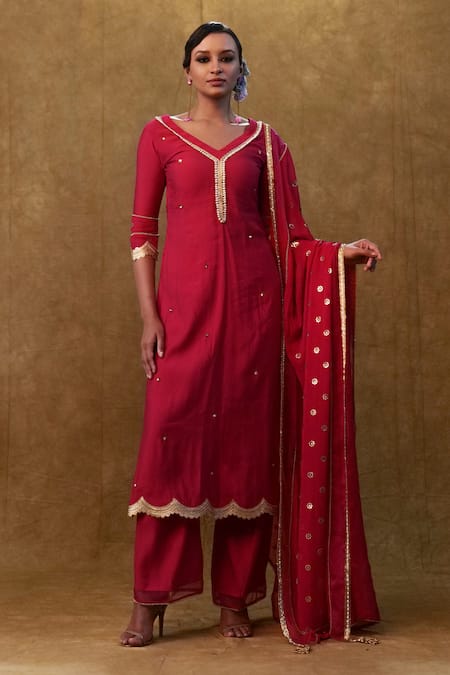 Merge Design Red Kurta And Pant Silk Blend Embroidered Stone V Neck Sequin & Set 