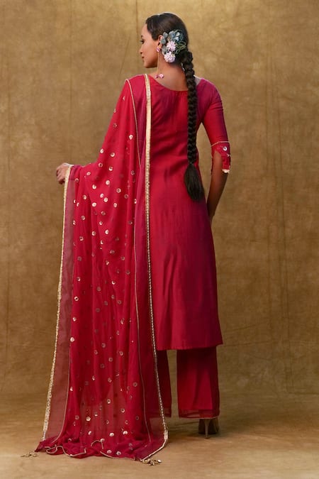 Shop Merge Design Red Silk, Georgette Sequins, Stones V-neck And Embroidered Kurta Pant Set at Aza Fashions Shop_Merge Design_Red Silk, Georgette Sequins, Stones V-neck And Embroidered Kurta Pant Set _at_Aza_Fashions