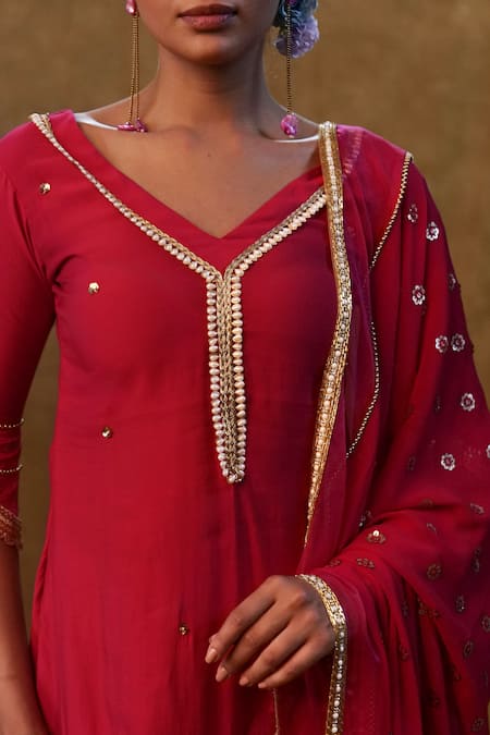 Merge Design Red Silk, Georgette Sequins, Stones V-neck And Embroidered Kurta Pant Set Online at Aza Fashions Merge Design_Red Silk, Georgette Sequins, Stones V-neck And Embroidered Kurta Pant Set _Online_at_Aza_Fashions