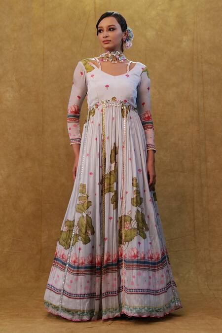 Merge Design_Grey Chiffon Embroidery, Stones Floral Print Embellished Anarkali With Dupatta _Online_at_Aza_Fashions