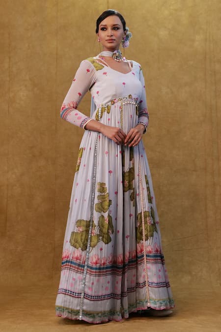 Buy_Merge Design_Grey Chiffon Embroidery, Stones Floral Print Embellished Anarkali With Dupatta _Online_at_Aza_Fashions