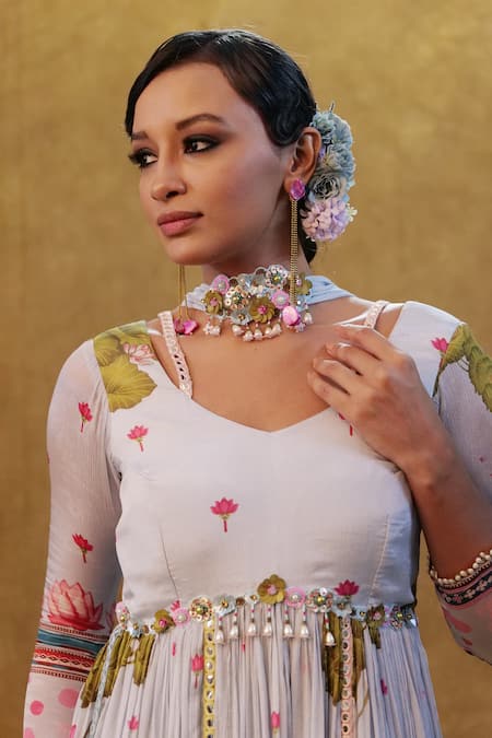 Shop_Merge Design_Grey Chiffon Embroidery, Stones Floral Print Embellished Anarkali With Dupatta _Online_at_Aza_Fashions