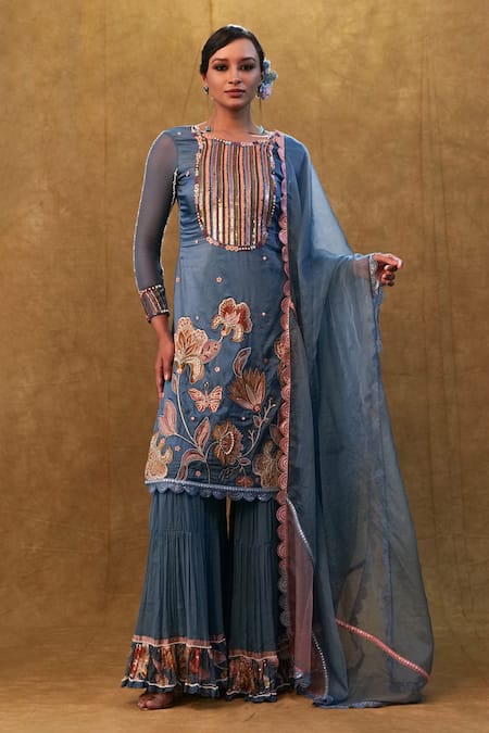 Merge Design Blue Kurta Upada Silk Embroidered Applique Round Floral Bead Work Sharara Set 