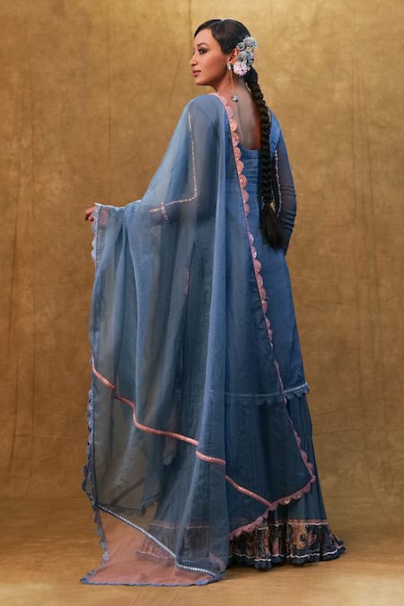 Shop_Merge Design_Blue Silk, Organza, Chiffon Embroidery, Beads, Floral Work Kurta Sharara Set _at_Aza_Fashions