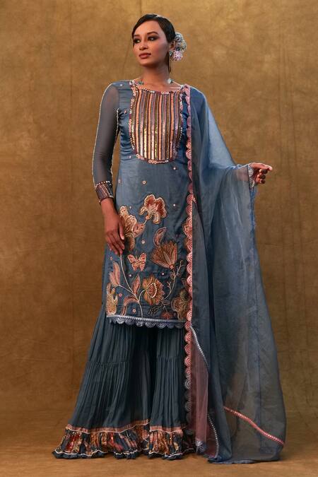 Merge Design_Blue Silk, Organza, Chiffon Embroidery, Beads, Floral Work Kurta Sharara Set _Online_at_Aza_Fashions
