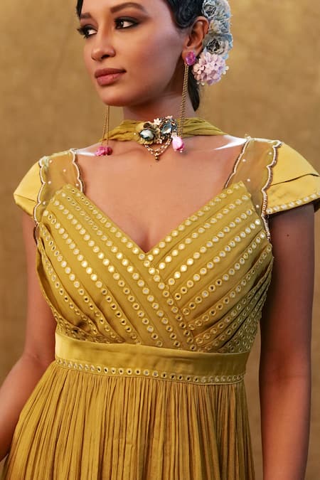 Merge Design_Green Georgette, Chiffon, Modal, Satin Mirrors Embroidered Peplum Kurta Pant Set _Online_at_Aza_Fashions