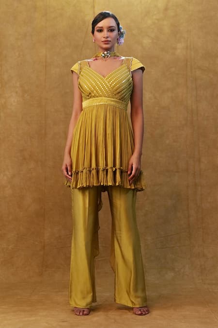 Buy_Merge Design_Green Georgette, Chiffon, Modal, Satin Mirrors Embroidered Peplum Kurta Pant Set _Online_at_Aza_Fashions