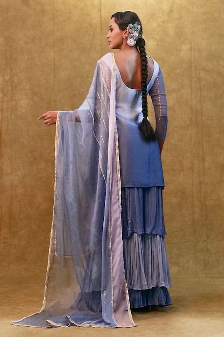 Shop Merge Design Purple Organza, Modal, Chiffon Sequins, Rose And Thread Kurta Sharara Set at Aza Fashions Shop_Merge Design_Purple Organza, Modal, Chiffon Sequins, Rose And Thread Kurta Sharara Set _at_Aza_Fashions