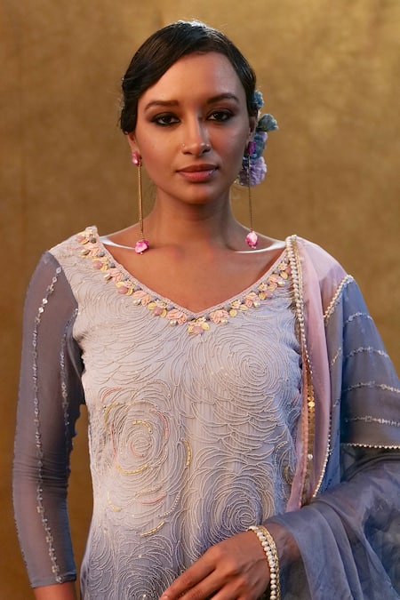 Merge Design Purple Organza, Modal, Chiffon Sequins, Rose And Thread Kurta Sharara Set Online at Aza Fashions Merge Design_Purple Organza, Modal, Chiffon Sequins, Rose And Thread Kurta Sharara Set _Online_at_Aza_Fashions