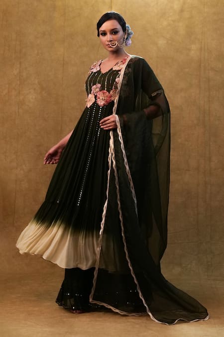 Merge Design Green Georgette, Organza, Chiffon Cut Work, Floral Applique Anarkali Pant Set Online at Aza Fashions Merge Design_Green Georgette, Organza, Chiffon Cut Work, Floral Applique Anarkali Pant Set _Online_at_Aza_Fashions