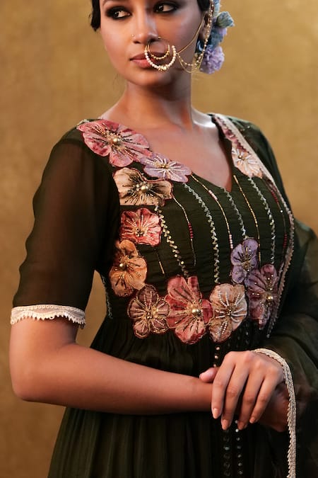 Buy Merge Design Green Georgette, Organza, Chiffon Cut Work, Floral Applique Anarkali Pant Set Online at Aza Fashions Buy_Merge Design_Green Georgette, Organza, Chiffon Cut Work, Floral Applique Anarkali Pant Set _Online_at_Aza_Fashions