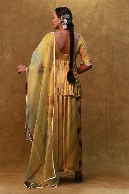 Shop Merge Design Yellow Modal, Satin, Organza Geometric Print Peplum Kurta Flared Pant Set at Aza Fashions Shop_Merge Design_Yellow Modal, Satin, Organza Geometric Print Peplum Kurta Flared Pant Set _at_Aza_Fashions