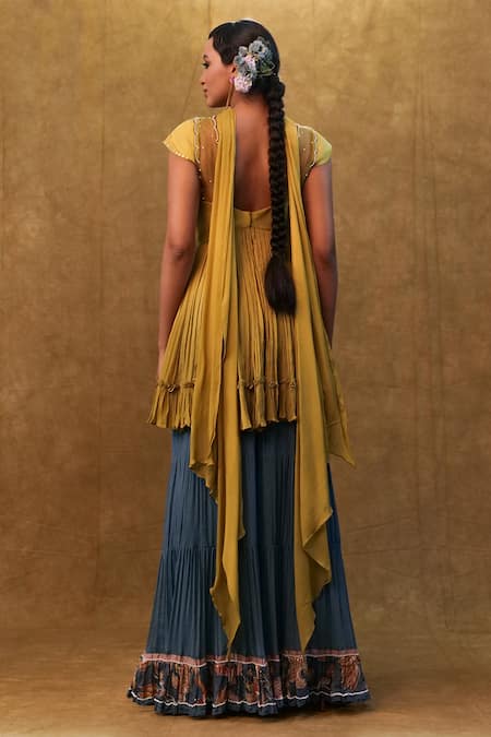 Shop Merge Design Green Georgette, Chiffon Embroidery, Mirrors V-neck Peplum Kurta Pant Set at Aza Fashions Shop_Merge Design_Green Georgette, Chiffon Embroidery, Mirrors V-neck Peplum Kurta Pant Set _at_Aza_Fashions