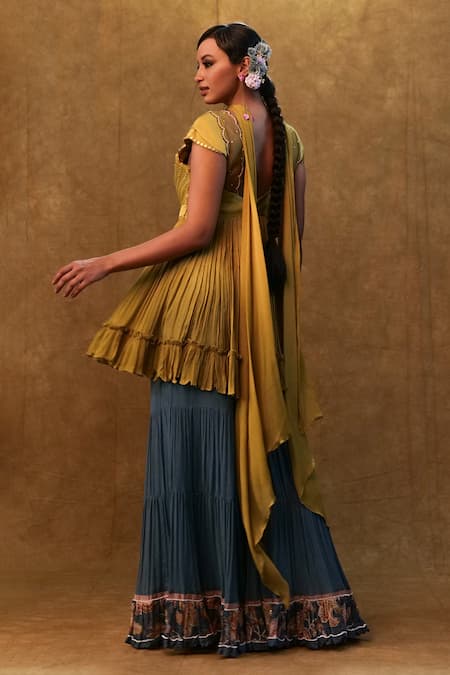 Buy Merge Design Green Georgette, Chiffon Embroidery, Mirrors V-neck Peplum Kurta Pant Set Online at Aza Fashions Buy_Merge Design_Green Georgette, Chiffon Embroidery, Mirrors V-neck Peplum Kurta Pant Set _Online_at_Aza_Fashions