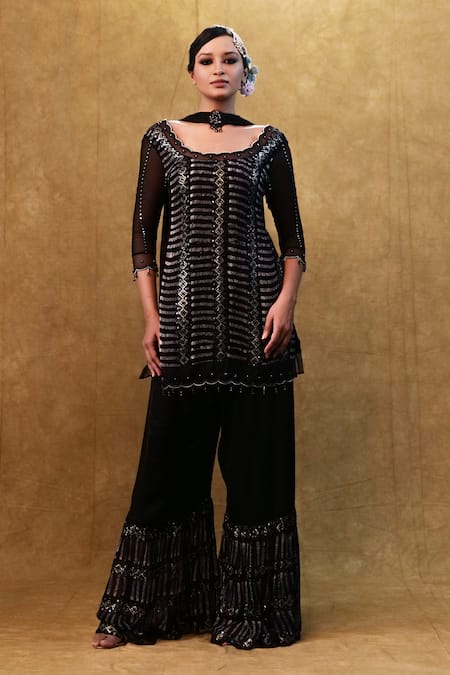 Merge Design Black Kurta Georgette Embroidered Sequin Scoop And Pearl Work Flared Pant Set 