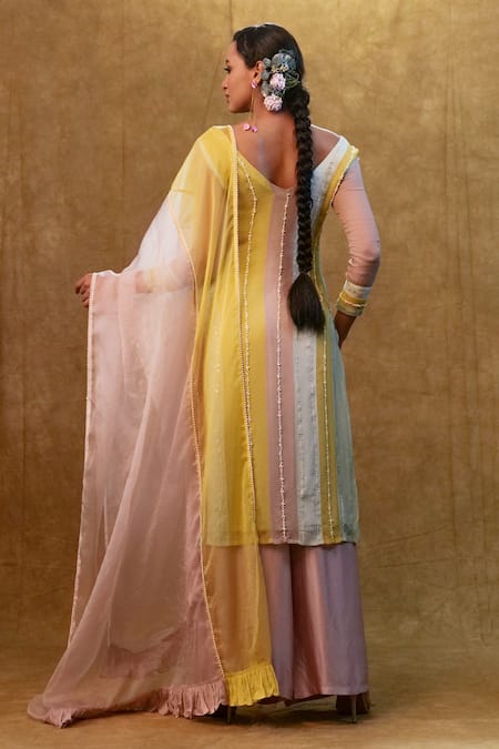 Shop_Merge Design_Pink Georgette, Organza, Modal, Satin Straight Color Blocked Kurta Pant Set _at_Aza_Fashions