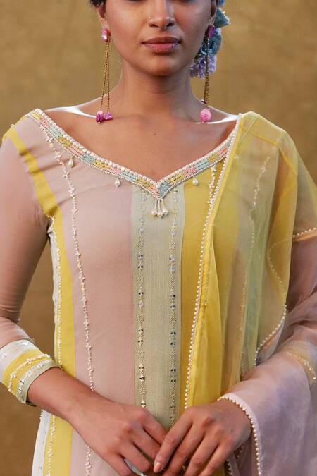 Merge Design_Pink Georgette, Organza, Modal, Satin Straight Color Blocked Kurta Pant Set _Online_at_Aza_Fashions