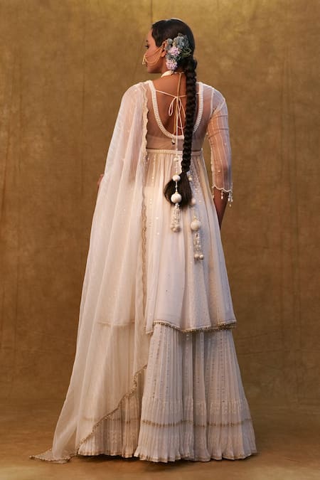 Shop Merge Design Off White Organza, Georgette Lace, Pearls, Sequins Round Work Anarkali Skirt Set at Aza Fashions Shop_Merge Design_Off White Organza, Georgette Lace, Pearls, Sequins Round Work Anarkali Skirt Set _at_Aza_Fashions