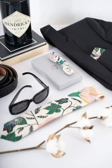 Shop Payal Singhal Accessories Off White Printed Abutilon Tie Moustache Pin And Pocket Square Set 3 at Aza Fashions Shop_Payal Singhal Accessories_Off White Printed Abutilon Tie Moustache Pin And Pocket Square Set 3_at_Aza_Fashions