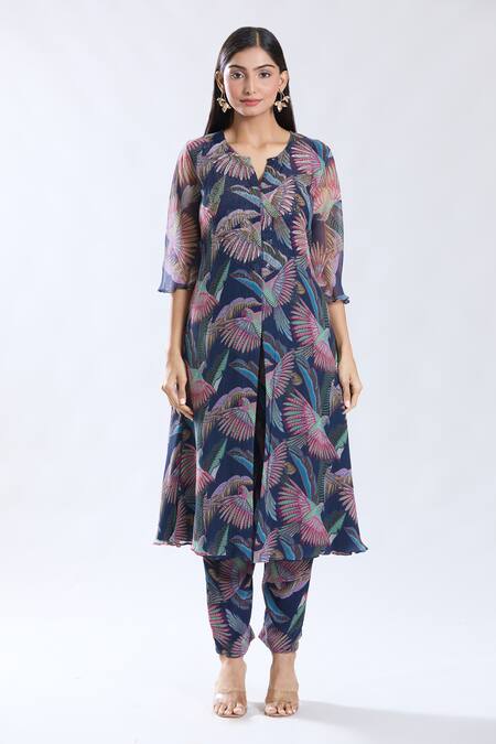 Preeti Jhawar_Blue Chiffon, Cotton, Silk Tassels Split Bird Pattern A-line Kurta Pant Set _Online_at_Aza_Fashions