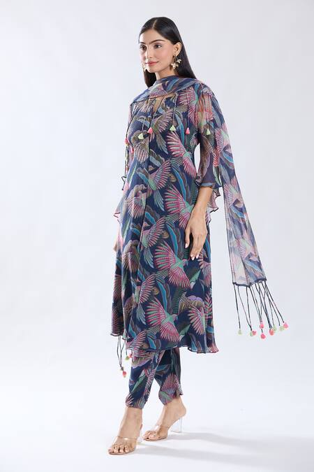 Buy_Preeti Jhawar_Blue Chiffon, Cotton, Silk Tassels Split Bird Pattern A-line Kurta Pant Set _Online_at_Aza_Fashions