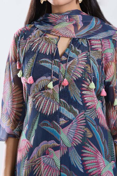Shop_Preeti Jhawar_Blue Chiffon, Cotton, Silk Tassels Split Bird Pattern A-line Kurta Pant Set _Online_at_Aza_Fashions