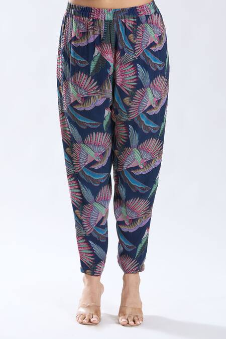 Preeti Jhawar_Blue Chiffon, Cotton, Silk Tassels Split Bird Pattern A-line Kurta Pant Set _at_Aza_Fashions