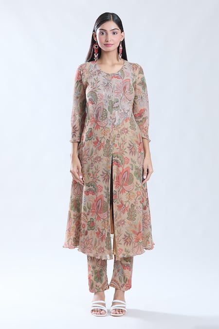 Preeti Jhawar_Beige Chiffon, Cotton, Silk Embroidery, Sequins Floral Pattern Kurta And Pant Set _Online_at_Aza_Fashions