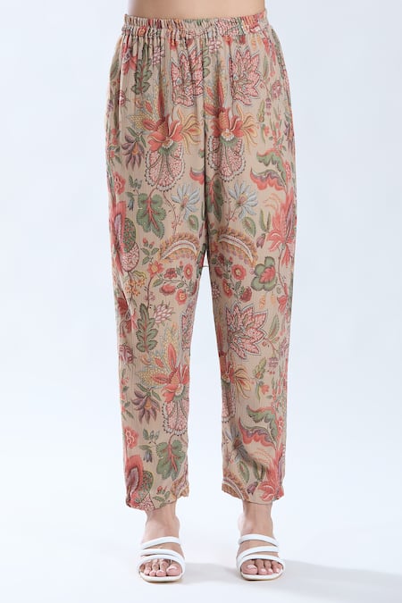 Buy_Preeti Jhawar_Beige Chiffon, Cotton, Silk Embroidery, Sequins Floral Pattern Kurta And Pant Set _Online_at_Aza_Fashions