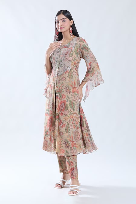 Shop_Preeti Jhawar_Beige Chiffon, Cotton, Silk Embroidery, Sequins Floral Pattern Kurta And Pant Set _Online_at_Aza_Fashions