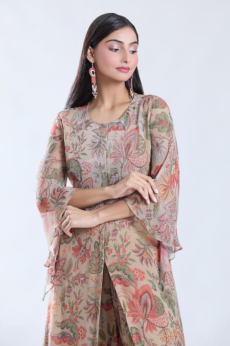 Preeti Jhawar_Beige Chiffon, Cotton, Silk Embroidery, Sequins Floral Pattern Kurta And Pant Set _at_Aza_Fashions
