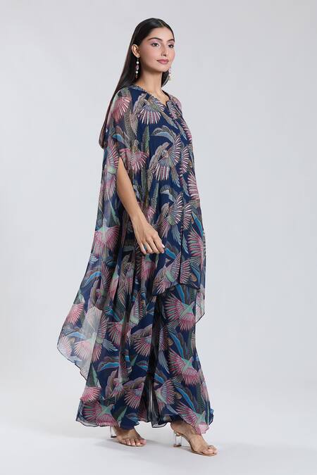 Buy_Preeti Jhawar_Blue Chiffon, Cotton, Silk Embroidery Split Bird Motif Cape Kurta And Palazzo Set _Online_at_Aza_Fashions