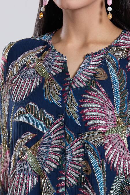 Shop_Preeti Jhawar_Blue Chiffon, Cotton, Silk Embroidery Split Bird Motif Cape Kurta And Palazzo Set _Online_at_Aza_Fashions